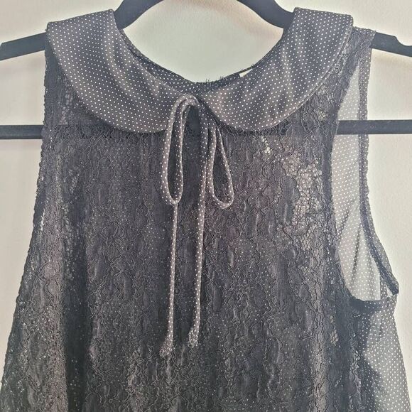 Paper Crane semi sheer tank top peter pan collar polka dotted bow detail lace ba - Picture 3 of 8